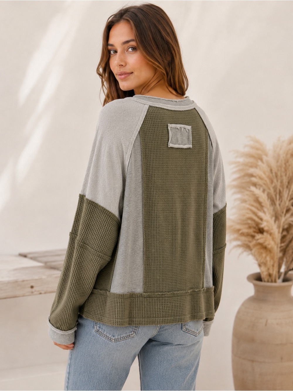 POL Olive and Grey Colorblock Waffle-Knit Pullover - Picture 2 of 4